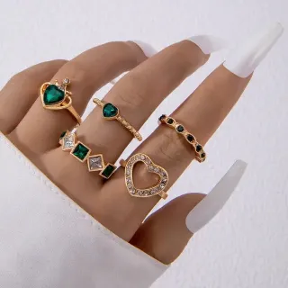 Vintage Stylish Green Cubic Knuckle Ring Set (5 pcs)